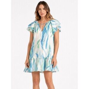 Elan Ruffle Mini Dress Blue Abstract Print Flutter Sleeve Size Medium Resortwear